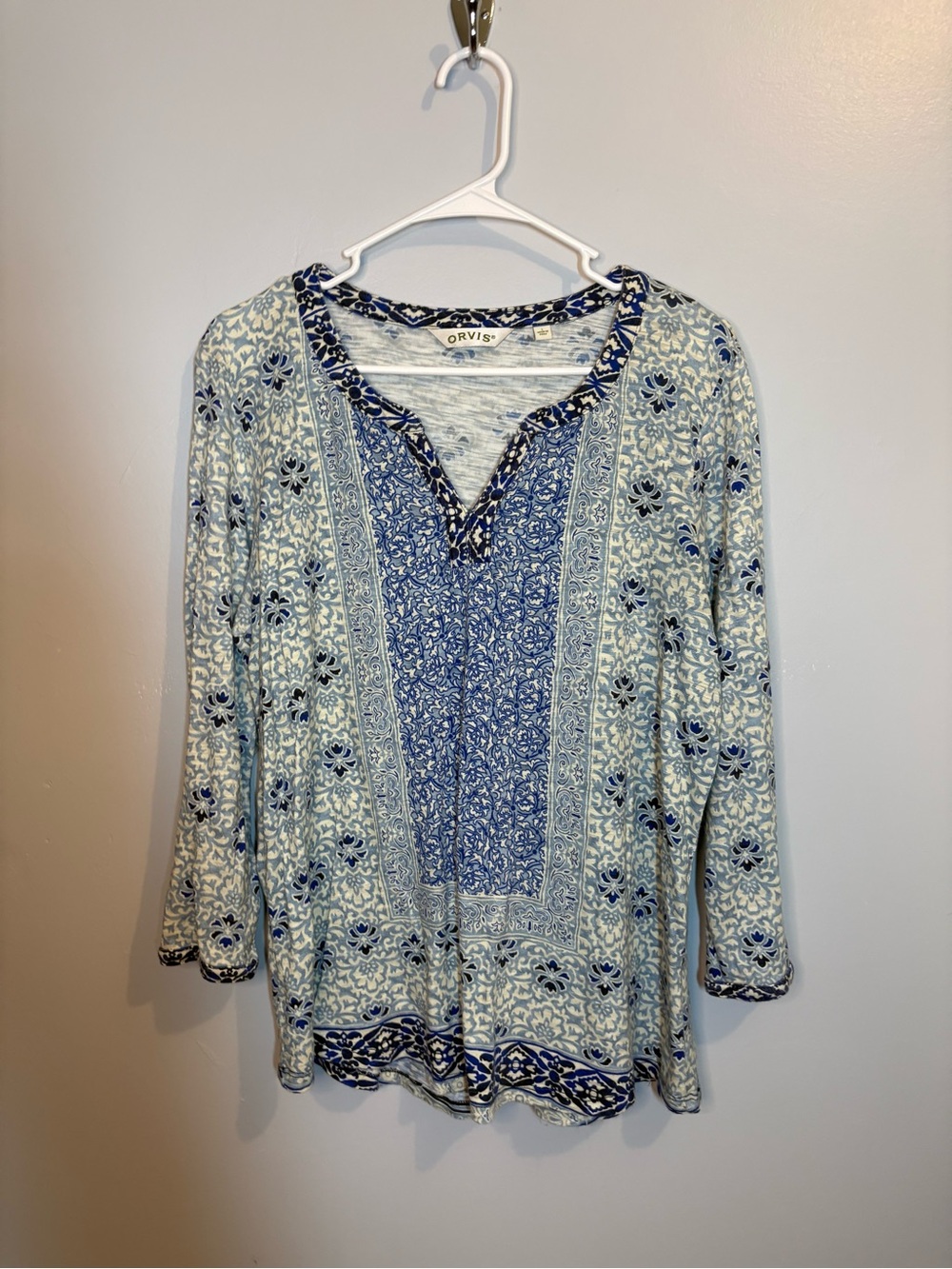 Orvis Blue Cream Floral Split-Neck Tunic Women's Large Cotton-Blend Boho Soft